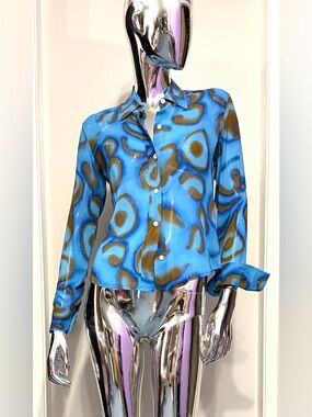 DKNY Groovy Vintage - Blue + Brown Abstract Print Button-Down Stretch Silk Shirt